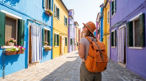 Female Traveler Exploring Colorful Burano Streets, Travel Freedom and Discovery