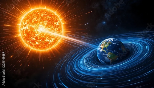 Abstract Illustration of Solar Flare Energy Impact and Magnetic Field Disturbance in Earth Atmosphere and Space Weather