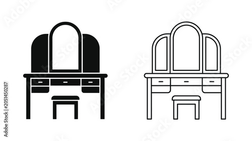 Foto Dressing table silhouette with stool black and white line art