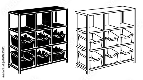 Quadro su tela Cubby shelving unit black and white line drawing illustration