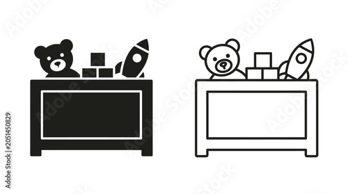 Toy Rocket Teddy Bear And Dresser Silhouette On White Background