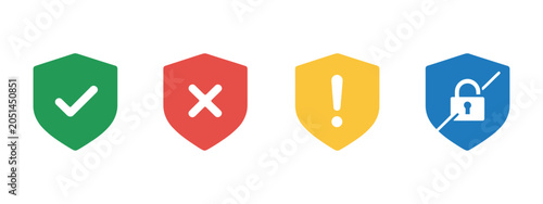 Foto Shield icons showing security status approved protection denied access warning alert disabled security system interface status risk indication access control safety visual elements design