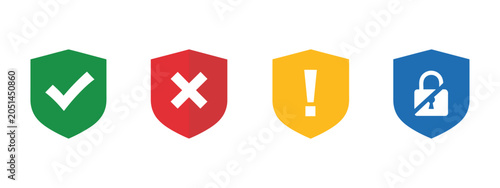 Foto Shield icons showing security status approved protection denied access warning alert disabled security system interface status risk indication access control safety visual elements design