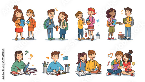 Photos Back to School Adventures: A vibrant collection of illustrations depicting various school-related scenarios, from learning and friendships to shared moments of joy and curiosity