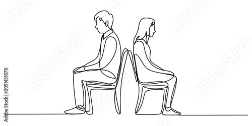 Fotografia Continuous line drawing, isolated people sitting on chairs, back to back, minima