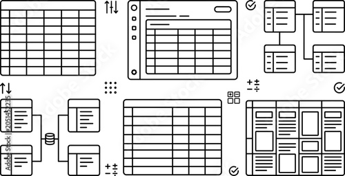 Database Schema Diagram and Spreadsheet Data Table Icon Set for Software Development