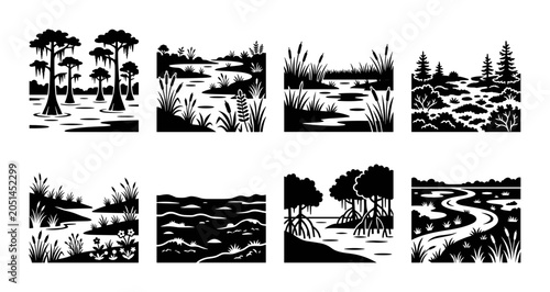 Wetland Landscape Vector Set: Swamp, Marsh, Mangrove Ecosystems, Nature Scenes, Environmental Graphics