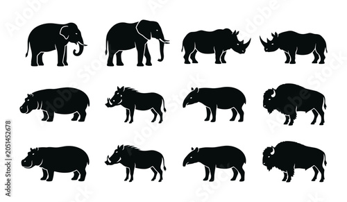 Obraz na plátne African Wildlife Silhouette Collection: Elephants, Rhinos, Hippos, Warthogs, Bis
