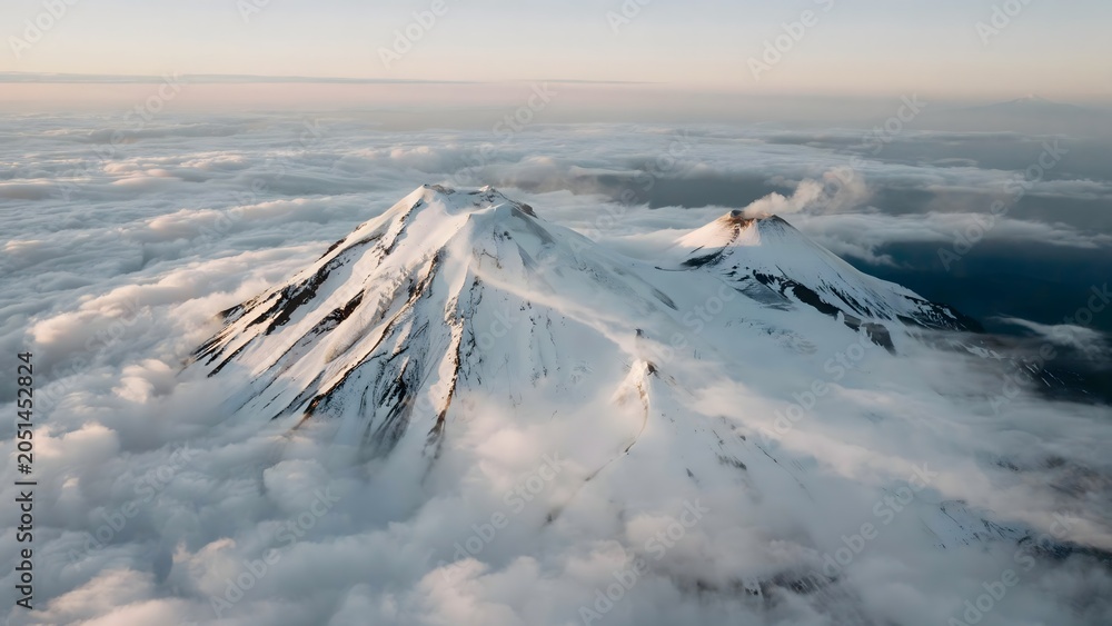 Obraz premium Snow-Covered Mountain Peaks Rising Above Cloud Layer at Sunrise