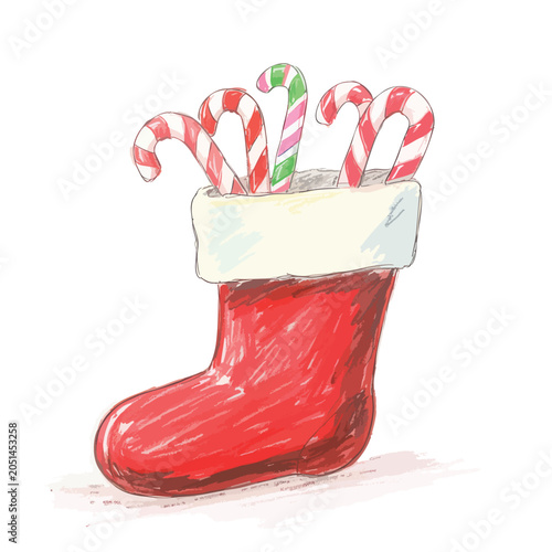 Hand drawn red Christmas stocking filled with peppermint candy canes.