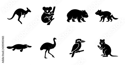 Photography Australian Wildlife Icons Set: Kangaroo, Koala, Wombat, Tasmanian Devil, Platypu