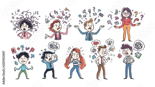 Bilde på lerret Overwhelmed Minds: A collection of cartoon characters expressing confusion, stress, and overthinking with chaotic thoughts surrounding their heads, representing mental overload and anxiety