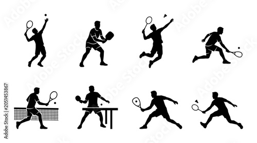 Fotografie Tennis and Badminton Player Silhouettes, Racket Sports Action Icons, Dynamic Ath