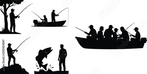 Bild auf Leinwand Fishing and Angling Silhouette Vector Set with Boat Fishing Riverbank Casting an