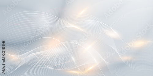 Elegant white wave background with golden glowing light effects and soft flowing thin lines for premium design.