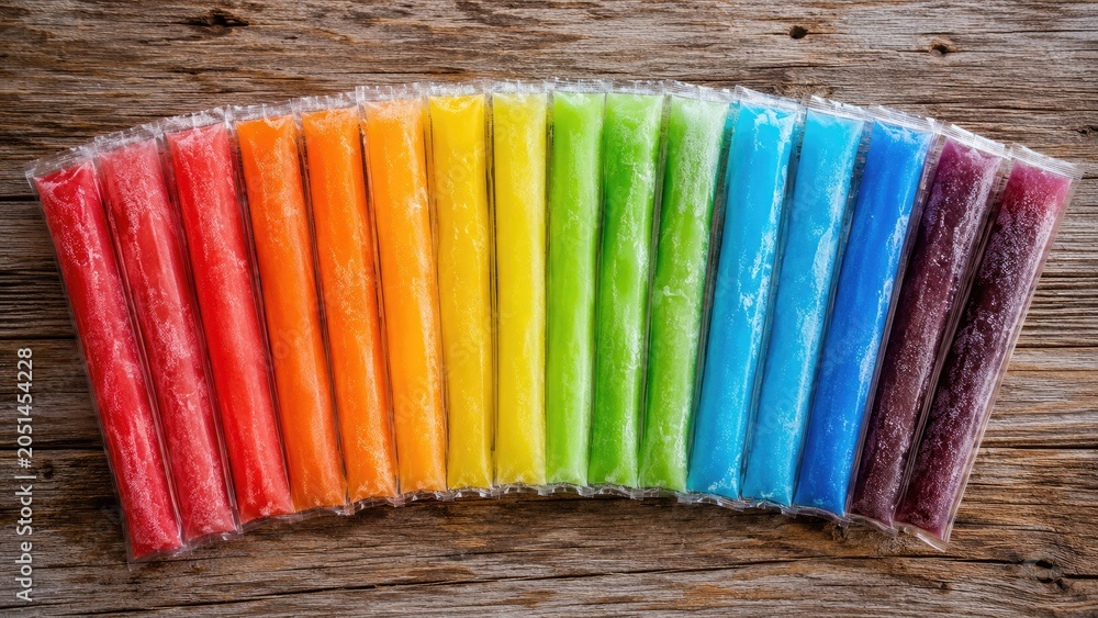 Fototapeta premium Rainbow array of individually wrapped tubular freeze pops laid in an arc on a rustic wooden background