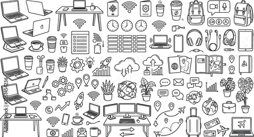 Bild auf Leinwand Line art remote work digital nomad icons laptop desk travel luggage passport wir