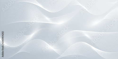 Abstract smooth swooshes lines wave on gray background with glowing light effect, vector illustration for business or science.