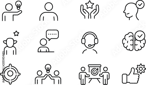 Business management line icon set featuring human resources talent acquisition target goal achievement customer support headset and team brainstorming ideas.