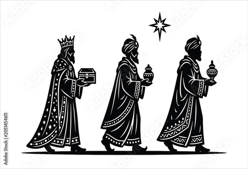 Bild auf Leinwand Three Kings Silhouette With Gifts And Star Black And White