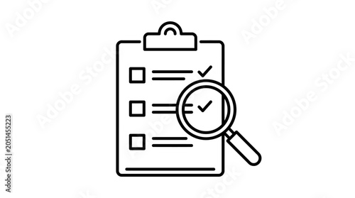 Clipboard with Checklist and Magnifying Glass.