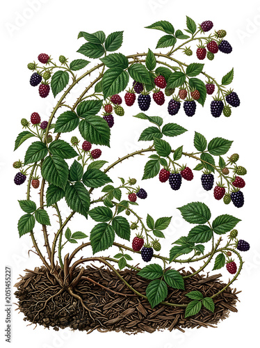 Illustration of a Blackberry Bush with Ripe and Unripe Fruit, Isolated on White