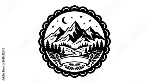 Black and white mountain landscape logo.