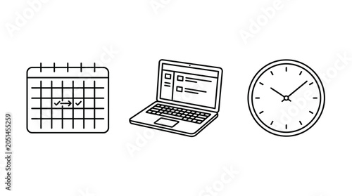Calendar Laptop Clock Icons Line Art.