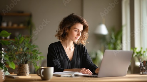 Concentration during a video call: businesswoman at a minimalist home workspace