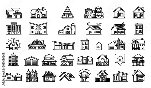 Photos House and residential building outline icon collection with property architectur