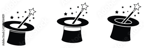 Magician Hat and Stars Icon Collection Featuring Magic Trick Circus Symbols in Flat and Outline Style for Fantasy Entertainment Design Vector Designs
