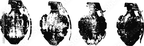 black and white illustration of four vintage hand grenades in a row, military weapon design
