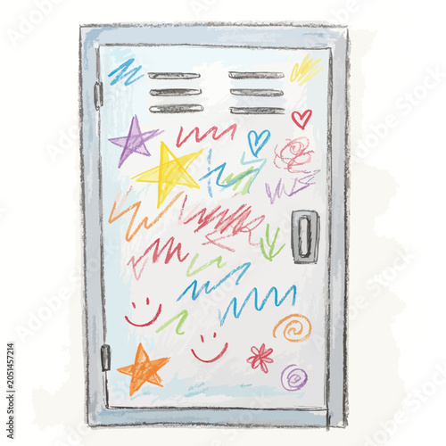 Hand drawn illustration of a school locker covered in colorful children scribbles.