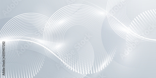 Abstract geometric circles and flowing white waves background with halftone dot patterns and soft blue tint.