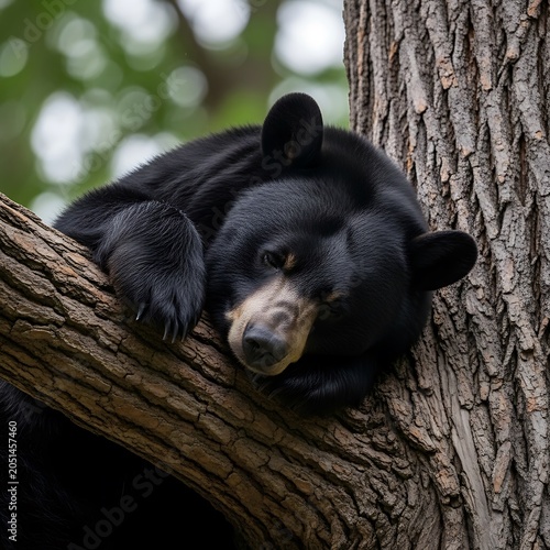 Black bear cub resting on tree branch in forest.