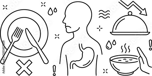 Foto Loss of Appetite and Hunger Line Icon Set with Empty Plate Stomach Ache Food Ref