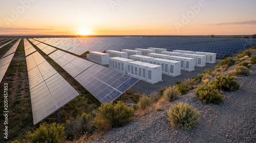 Solar panel farm and battery storage containers at sunset