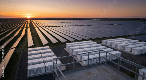 Aerial view of solar farm and battery storage at sunset