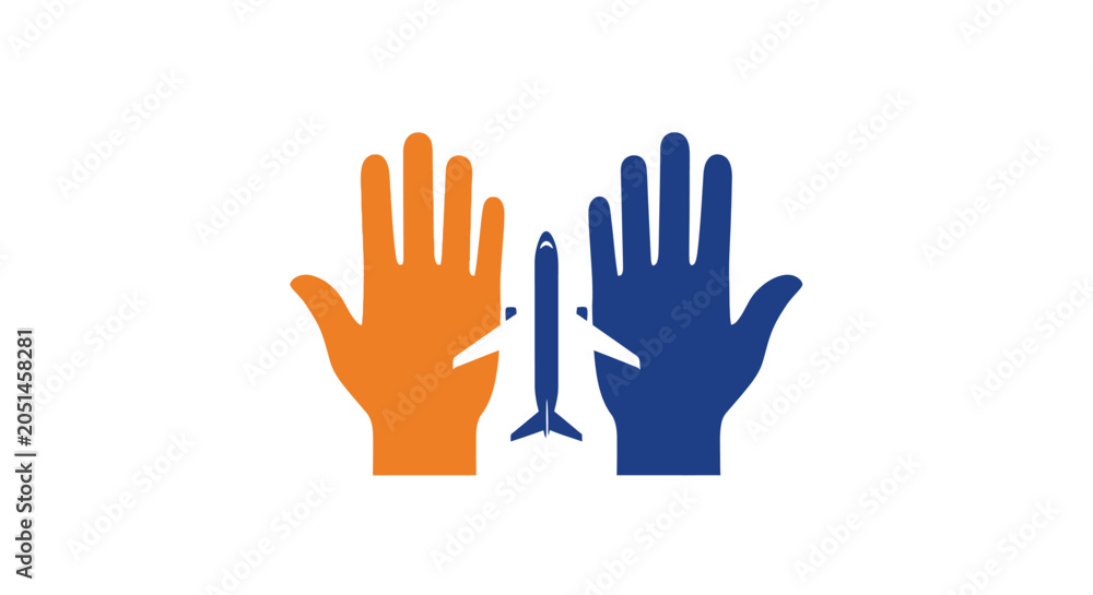 Fototapeta premium Orange and blue hands with airplane silhouette in negative space