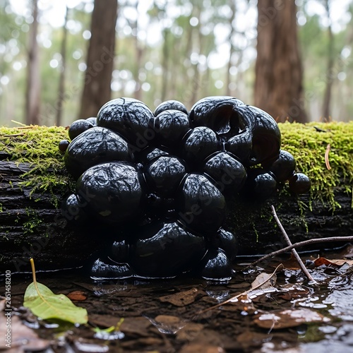 Black bear cubs resting in forest undergrowth.