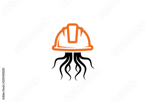Canvastavla Orange construction hard hat with black octopus tentacles underneath