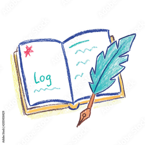 Crayon drawing of an open logbook with a vintage quill pen.