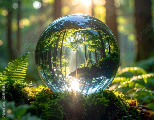 A crystal ball on a mossy forest floor reflects trees and sunlight