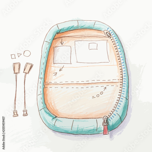 Hand drawn illustration of an open backpack with interior compartments.