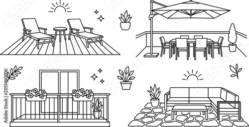 Outdoor Patio Furniture and Balcony Deck Icon Set for Backyard Garden Design