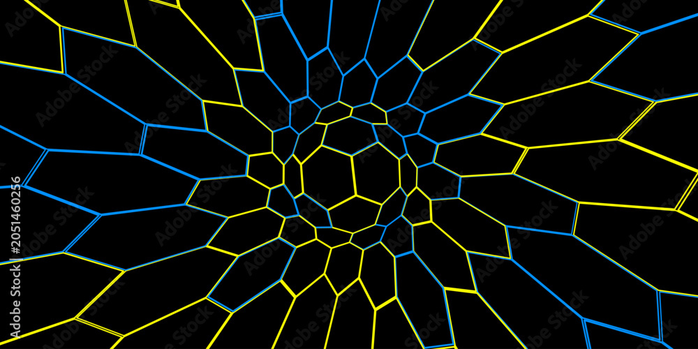 Obraz premium Abstract geometric background with a 3d tunnel effect made of hexagonal shapes in yellow and blue neon lines