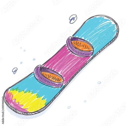 Colorful hand drawn illustration of a snowboard with bindings.
