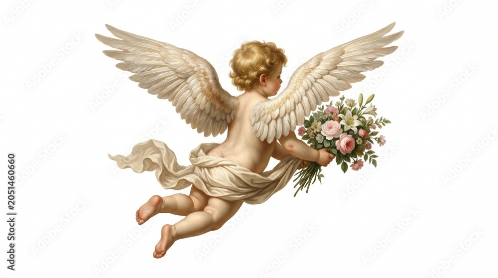 Naklejka premium Flying child angel with large wings holding bouquet of flower. Cherub carrying roses for Valentine day greeting card. Traditional religious art style illustration of cute baby cupid.