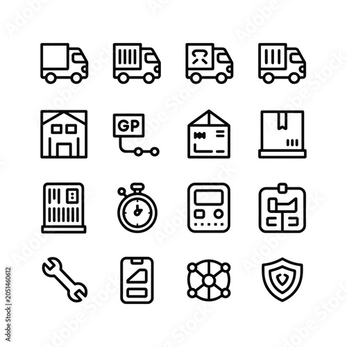 Logistics and delivery line icons set, 16 shipping and distribution vector elements, supply chain management symbols for transport and warehouse services