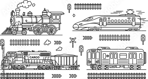 Canvas Print Railway Trains Bullet Train Steam Locomotive Cargo And Subway Line Art Set